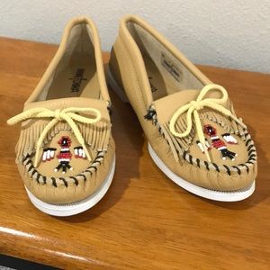 Gold Minnetonka Hard-Soled Leather Moccasins, Size 8, Like New.